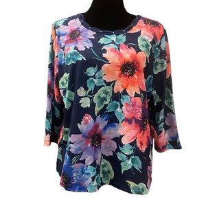 Alfred Dunner Boho Vibes Watercolor Floral Top 3/4 Sleeves‎ Sz L petite